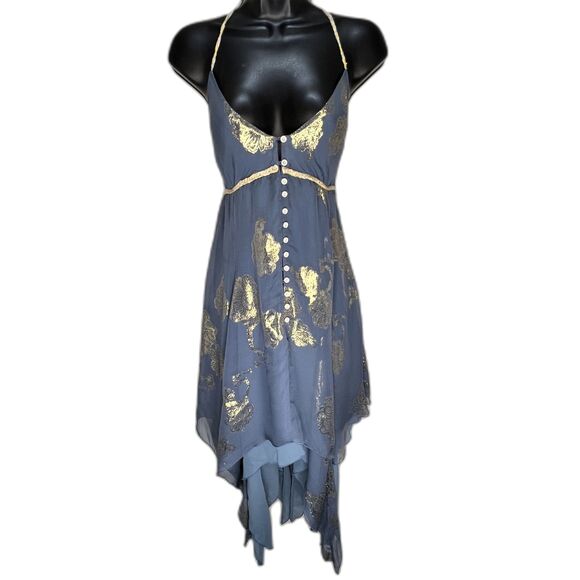 Elizabeth and James Dresses & Skirts - Elizabeth and James Blue Metallic Floral Silk Halter Dress M Boho Slip Midi Y2K